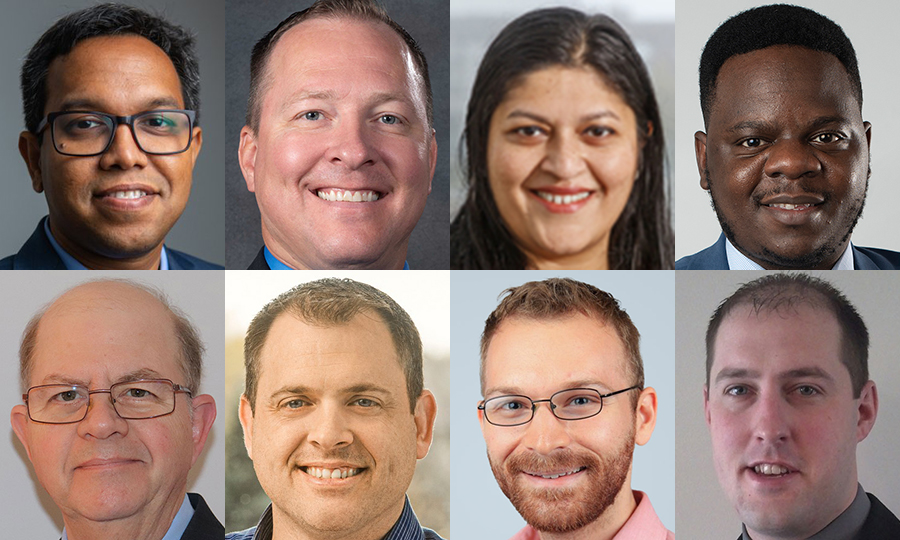 Eight new faculty joined the College of Engineering in the fall semester 2023 - (clockwise from top left) Nirupam Aich, Jeffrey Falkinburg, Bhuvaneswari Gopal, Abia Katimbo, Craig Zuhlke, Seth Polsley, Andre Messner and Neal Lewis.