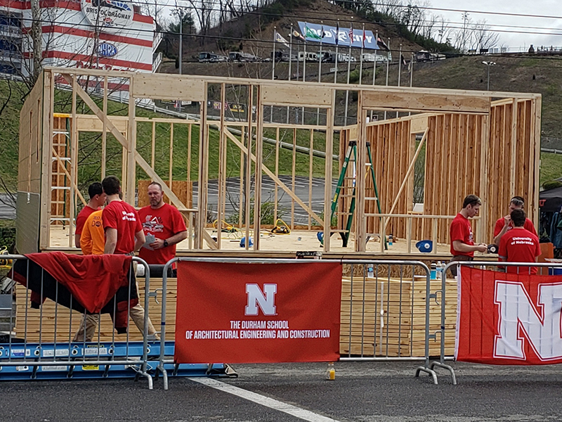 Nebraska construction management students work on one of the three houses they built as part of the Race to Build competition April 5-7 in Bristol, Tennessee.