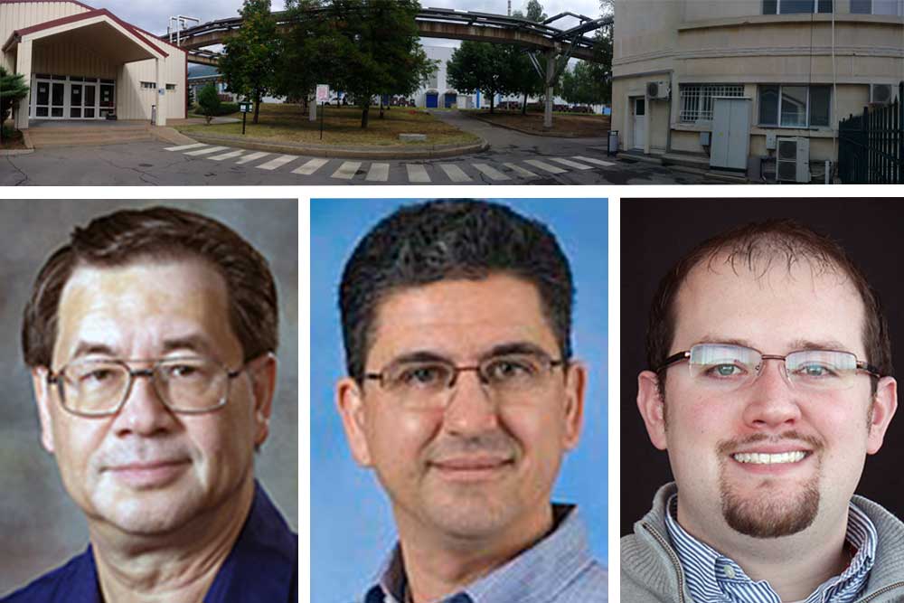 Aurubis, a leading manufacturer of non-ferrous metals, used a walkway between two buildings in Pirdop, Bulgaria (top photos), to test the conductive concrete invented by Nebraska Engineering faculty. Aurubis contacted Chris Tuan (bottom left), professor of civil engineering, and he enlisted NUtech Ventures - Mauricio Suarez (center), licensing director; and Zane Gernhart, technology manager -- who helped to broker the deal.