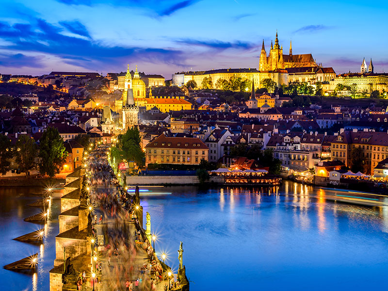 Nighttime photo of Charles Bridge in Prague, Czech Republic.